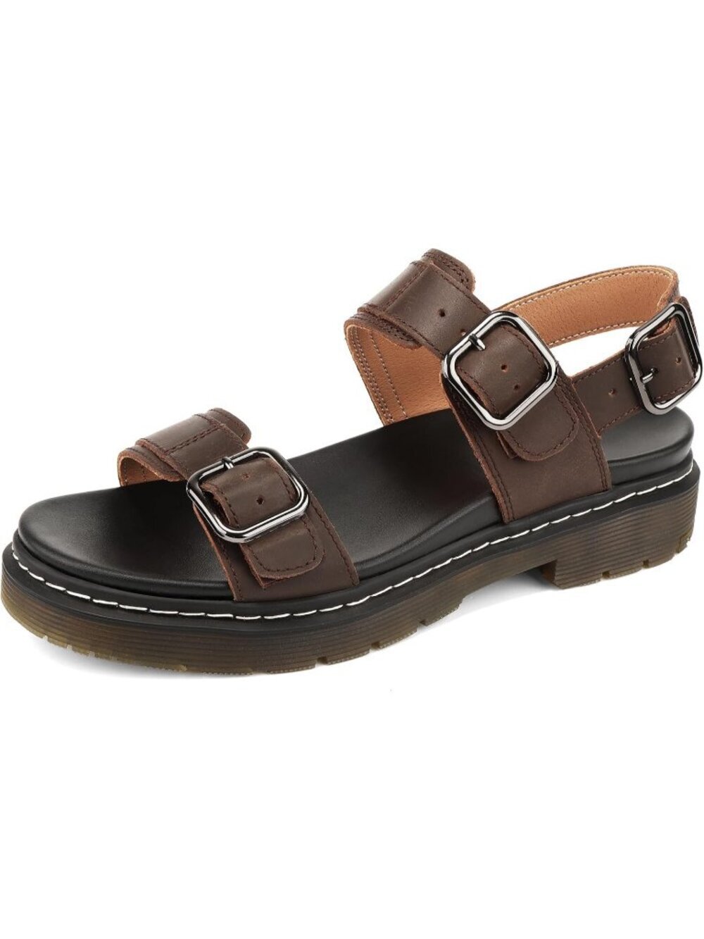 Brown Leather Platform Buckle Sandals - Women